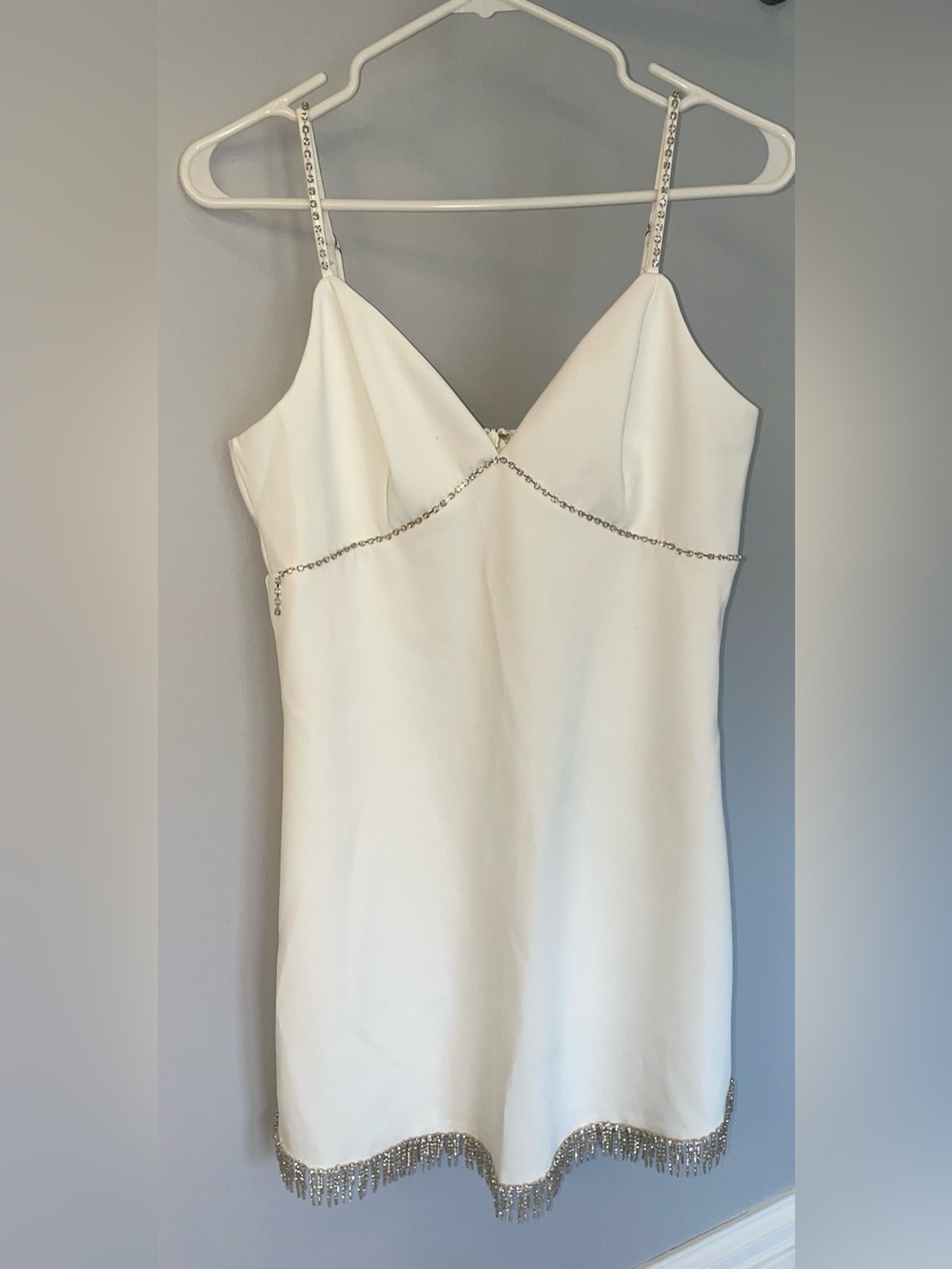 Bridal Boutique “Lena” White Beaded Mini Dress with Rhinestone Trim